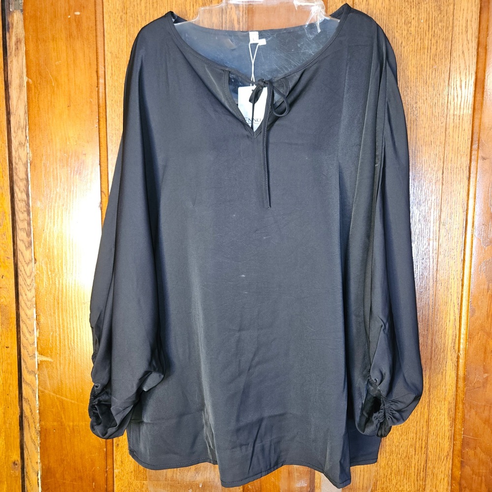 Enno Blouse Women Large Black Batwing Sleeve Tie Split Neck Solid Relaxed New